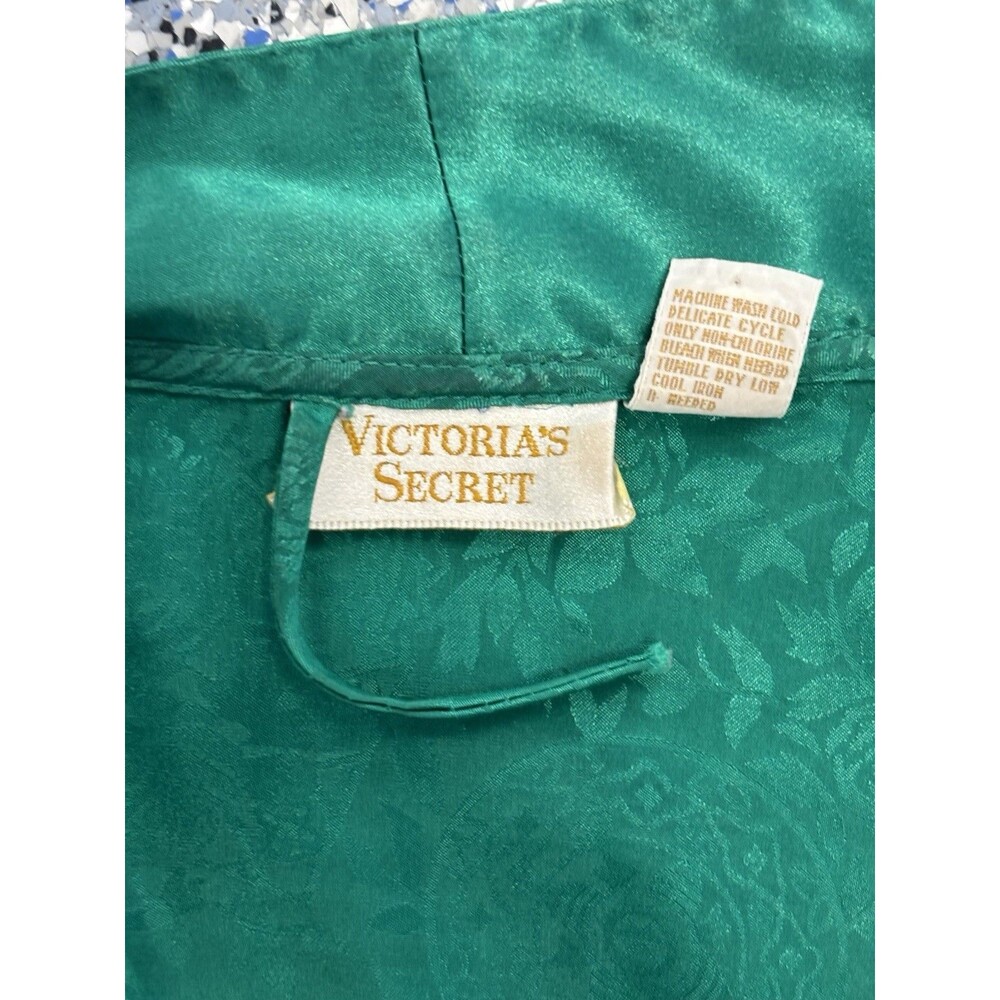 Vintage 90s Victoria's Secret Satin Kimono Womens Robe OS Green Jacquard Paisley - Picture 7 of 8